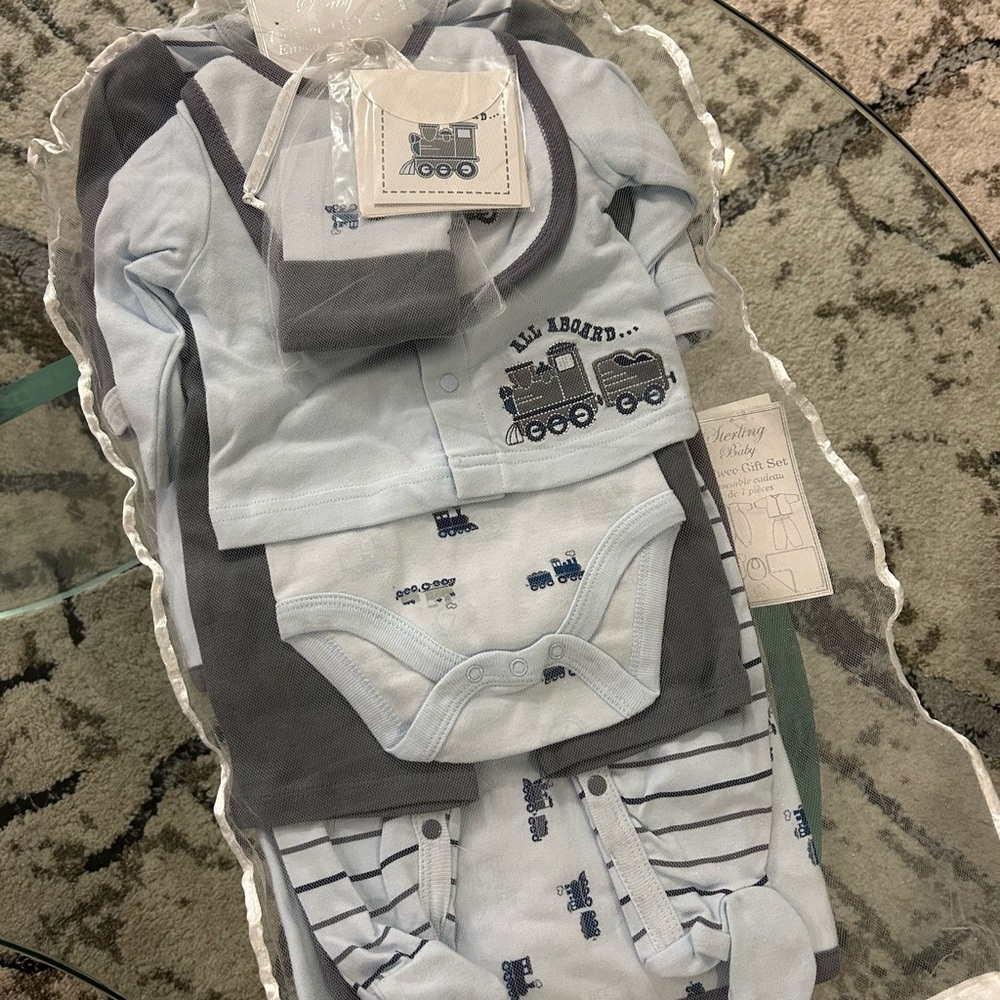 Baby Clothing Set with Train Design - Blue and Gray